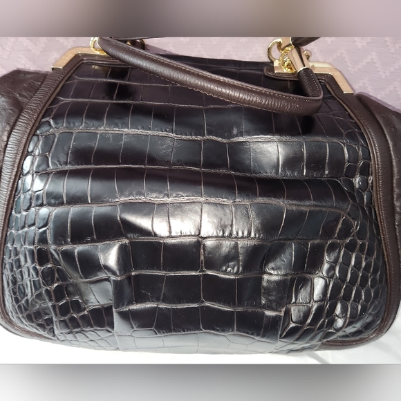 Coach Black/ Brown Espresso Textured Leather Satchel with Gold Hardware - Picture 9 of 14